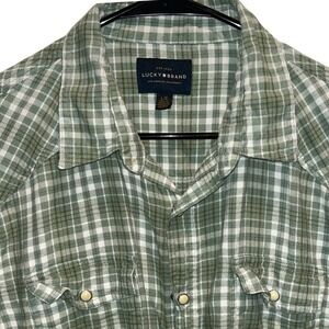 Lucky Brand Western Pearl Snap Shirt Large Mens Green White Plaid Short Sleeve